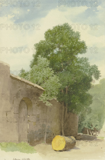 Sawed-off tree trunk in front of a wall at the Rothenburg Wildbad, 1869. Creator: Carl Theodor Reiffenstein.