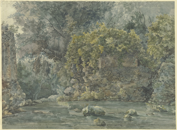 Landscape with trees and a ruined building by a stream, 18th century. Creator: Unknown.