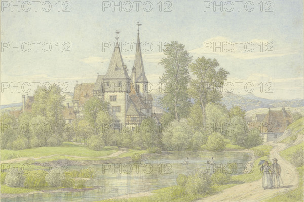 Village by a body of water, surrounded by trees, in the middle a castle-like building and..., 1870. Creator: Peter Becker.