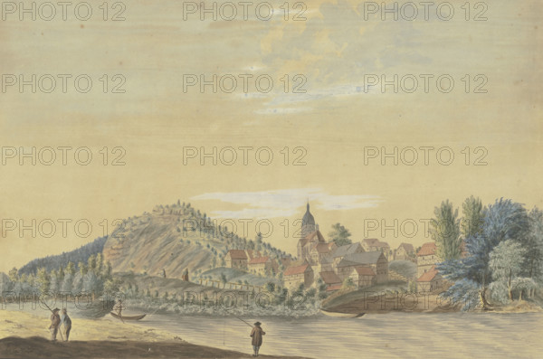 Village with a church by a river..., late 18th century. Creator: Caspar Schneider.