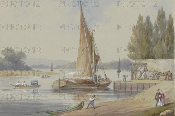 Riverbank with sailing ships, 19th century. Creator: Unknown.