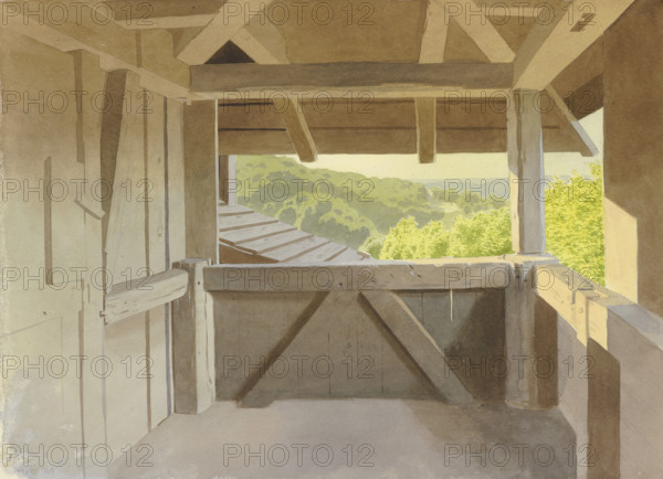 View from the hunting stand at Wasenmerk near Braunfels over the surrounding wooded landscape, 1860. Creator: Carl Theodor Reiffenstein.