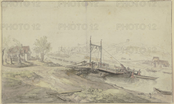 River ferry, houses on both sides of the river, mid-late 18th century. Creator: Christian Georg Schutz.