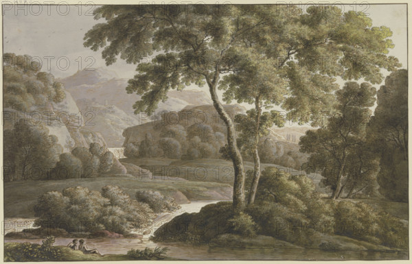 River landscape with trees and figures, late 18th century. Creator: Franz Kobell.