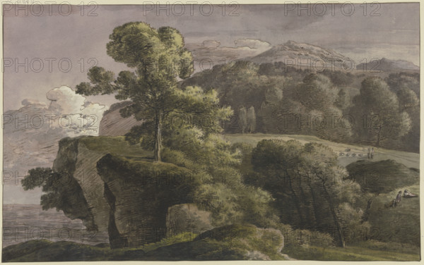 River landscape with trees and figures, late 18th century. Creator: Franz Kobell.