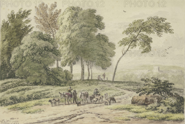 Two donkey drivers from behind by a group of trees, 1689. Creator: Unknown.