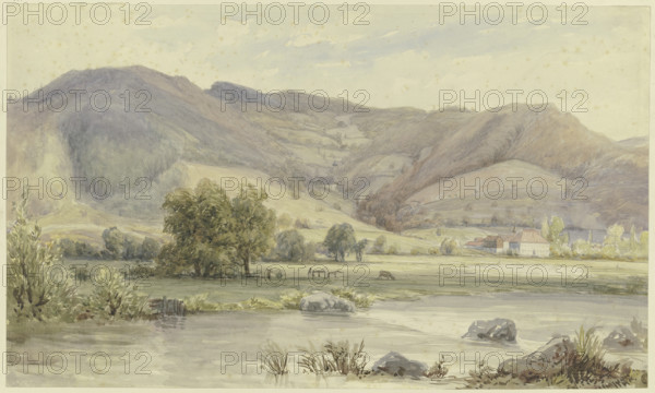 River landscape with high mountains, mid-late 19th century. Creator: Karl Peter Burnitz.