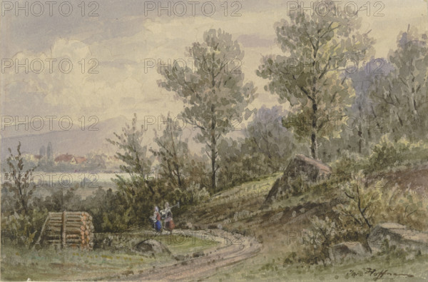 View from the forest towards a village and mountains, late 19th century. Creator: Jacob Hoffmann.