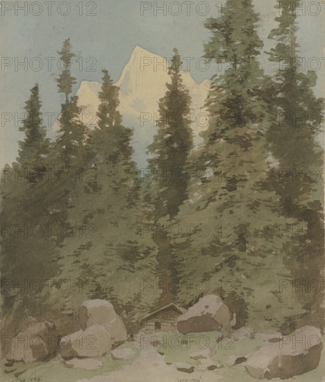 Hut surrounded by trees near the Rosenlaui Glacier, 1856. Creator: Carl Theodor Reiffenstein.