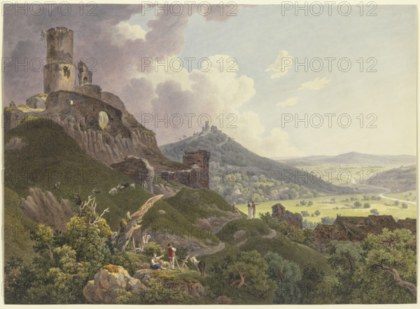 The Ruins of Gleiberg and Vetzberg near Gießen, on the left the two castle ruins on hills..., 1803. Creator: Friedrich Christian Reinermann.