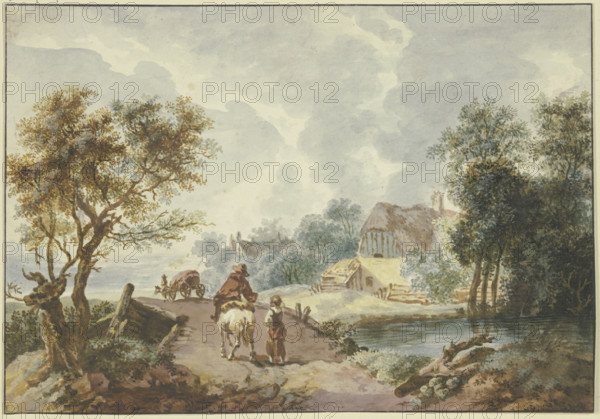 Landscape with trees, a path leading over a bridge in the foreground, late 18th century. Creator: Gottlieb Welte.