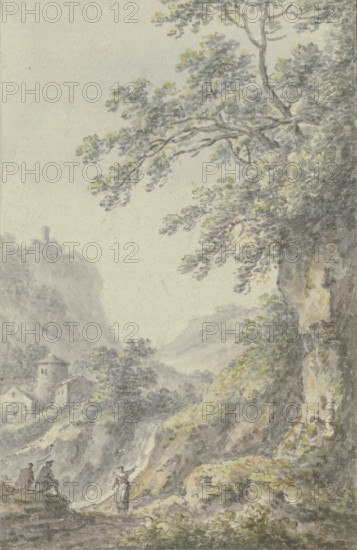 View of a mountain landscape with a castle, in the foreground a sunken lane with three figures, 1767 Creator: Johann Heinrich Muntz.