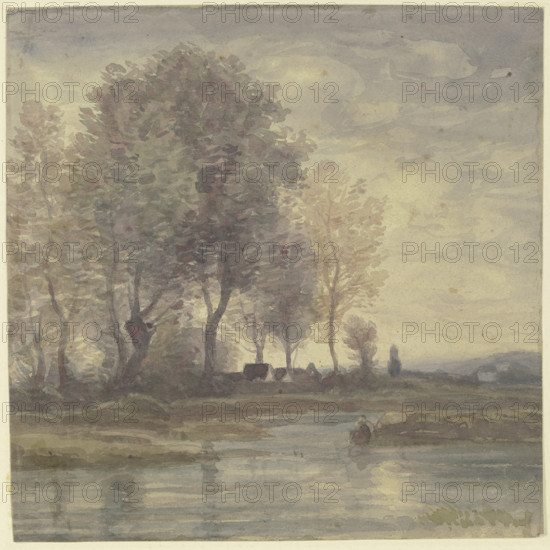 Boundary with farmhouses under tall trees, mid-late 19th century. Creator: Karl Peter Burnitz.