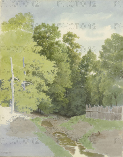 A fence along a A dry streambed at the edge of the forest, 1866. Creator: Carl Theodor Reiffenstein.