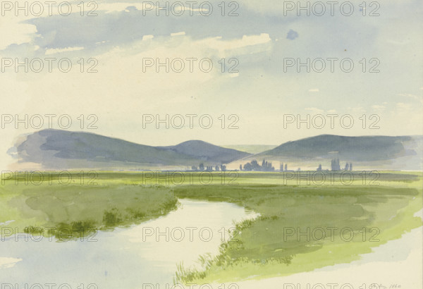 River landscape, mountains in the background, 1860. Creator: Carl Theodor Reiffenstein.