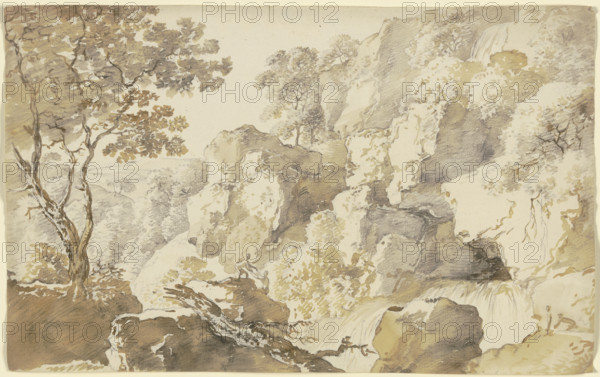 Rocky landscape with trees, a waterfall, and two hikers..., late 18th century. Creator: Franz Kobell.