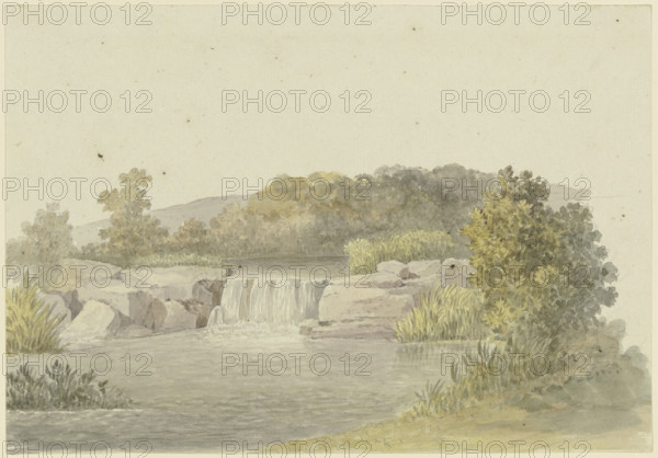 A river with a low waterfall, wooded banks in the background, c1790-1794. Creator: Georg Melchior Kraus.