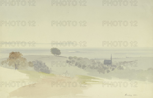 View from the Taunus Mountains into the plain, a chapel in the middle ground, 1841. Creator: Carl Theodor Reiffenstein.