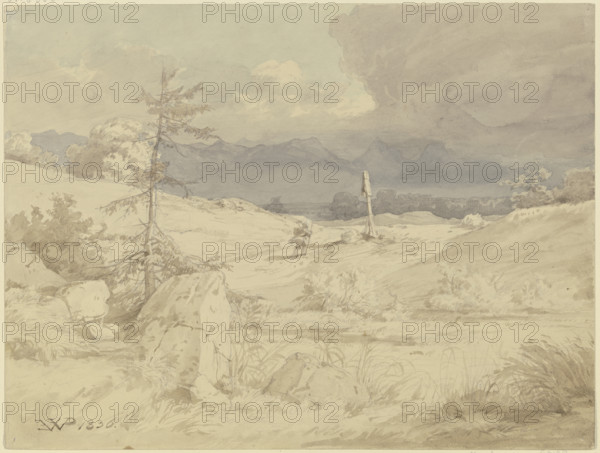 Approaching storm over a landscape with a wayside cross, 1836. Creator: Eduard Wilhelm Pose.