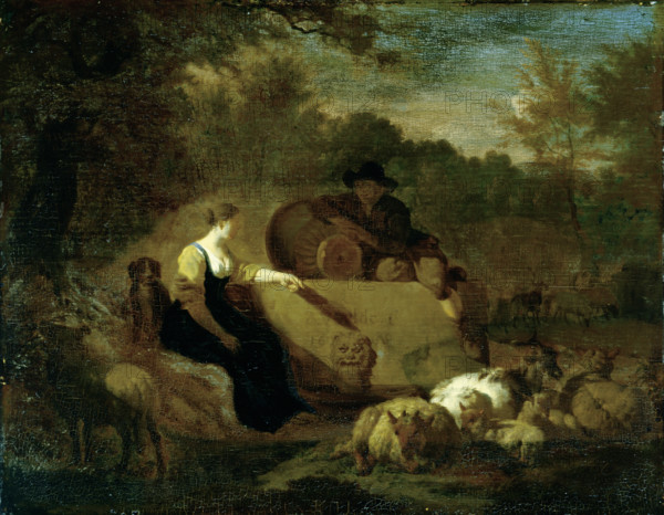 Shepherd and Shepherdess with their Flock at a Well, 1668. Creator: Adriaen van de Velde.