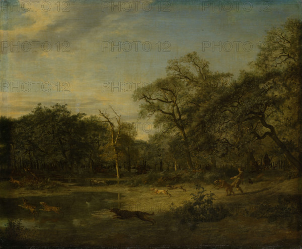 Deer Hunt in a Swampy Forest Landscape, 1665. Creator: Adriaen van de Velde.
