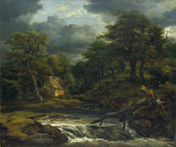 Wooded Landscape with Waterfall and Approaching Storm, c1655. Creator: Jacob van Ruisdael.