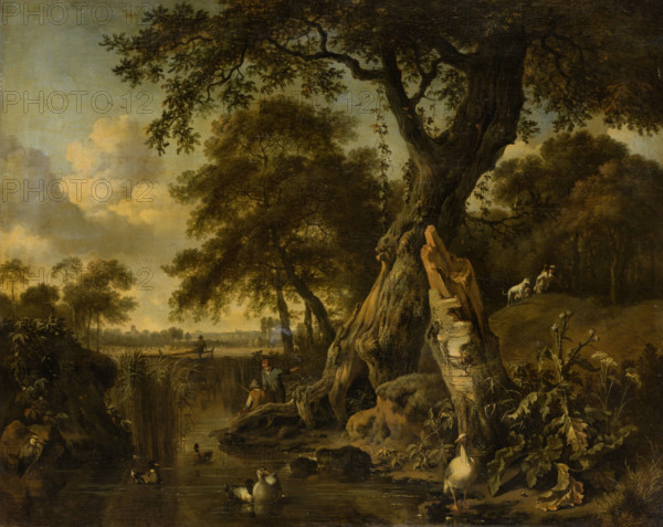 River Landscape with Fisherman and Hunter, 1671. Creator: Jan Wijnants.