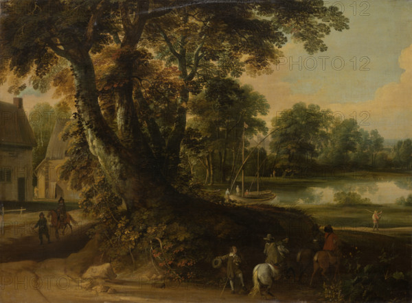 Landscape with a Group of Trees at the Shore of a Lake, Three Riders on the Road..., c1664-1670. Creator: Jacques d'Arthois.