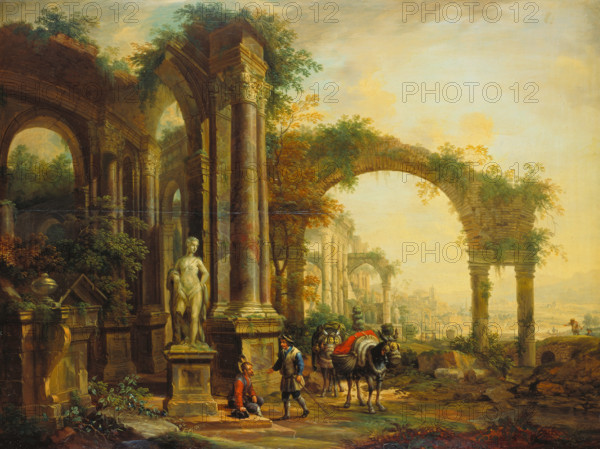 Landscape with Ancient Ruins and Two Pack Mules, 1756. Creator: Christian Georg Schutz.