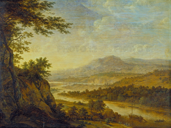 River Landscape with Rise of Cliffs, 1650. Creator: Herman Saftleven the Younger.
