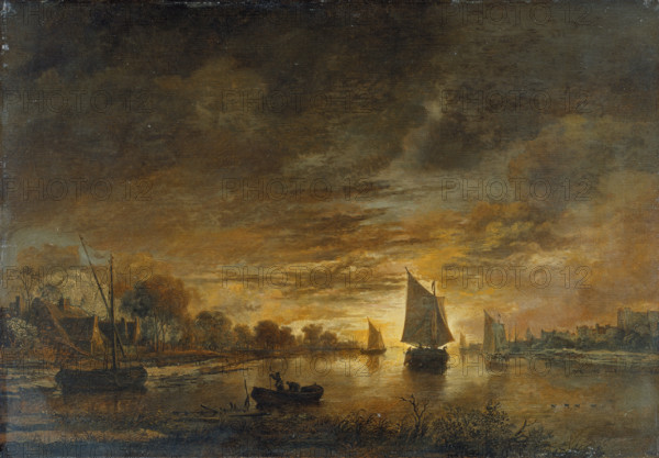 River Landscape with Ships at Moonrise, c1660-1670. Creator: Aert van der Neer.