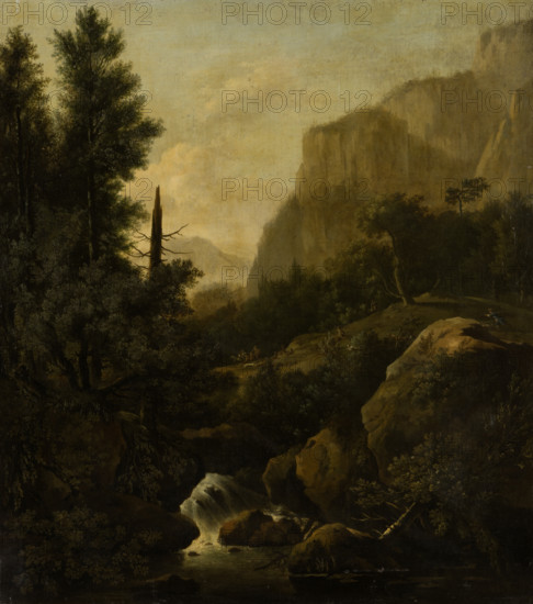Mountain Landscape with Deer Hunt at a Waterfall, c1668-1669. Creator: Frederik de Moucheron.