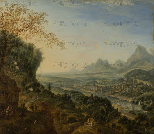 River Landscape with Rhine Motifs and Troops Passing, c1700. Creator: Jan Griffier I.