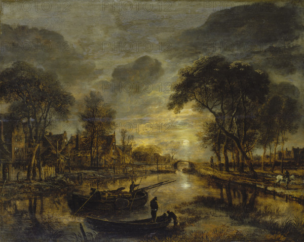 Nocturnal Canal Landscape with Fishing Boats, c1645-1650. Creator: Aert van der Neer.