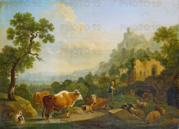 Landscape with Farm Animals at a Brook, 1768. Creator: Friedrich Wilhelm Hirt.