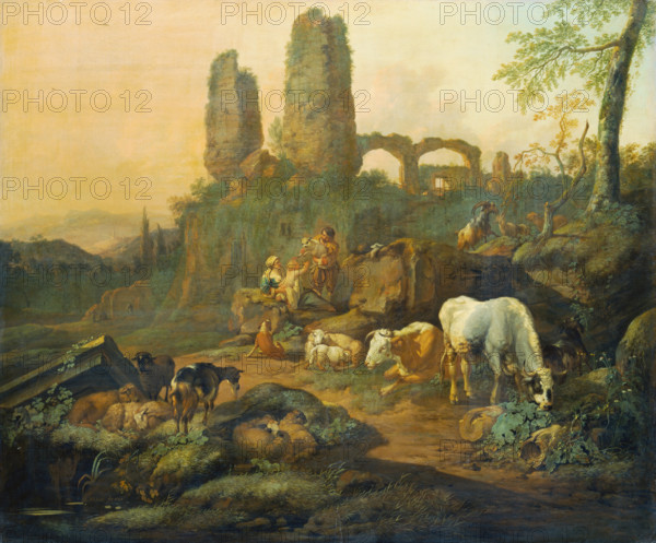 Shepherd Family Resting near an Ancient Ruin, 1680. Creator: Johann Heinrich Roos.