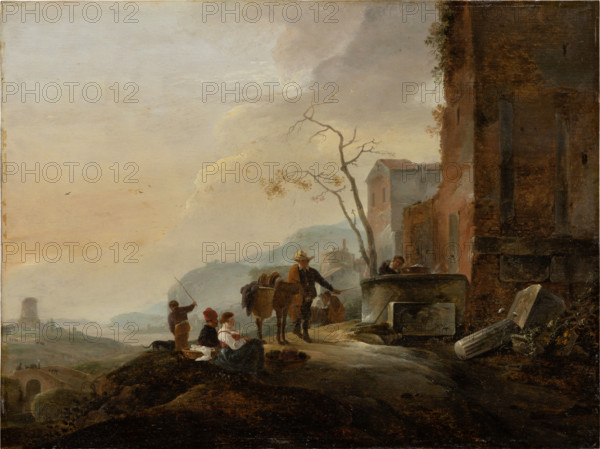 Italian Landscape with Figures at a Fountain among Antique Ruins, c1645-1650. Creator: Thomas Wijck.