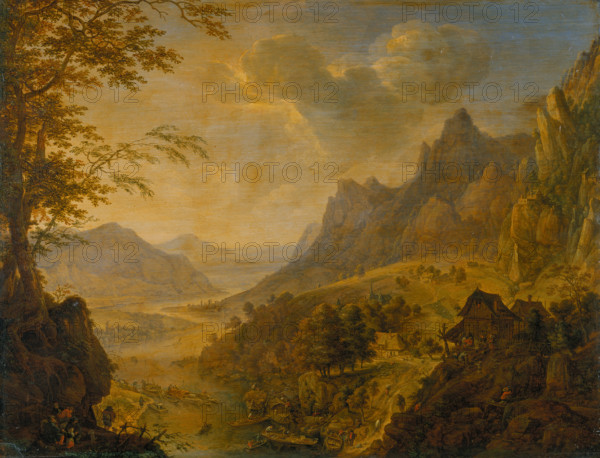 Mountainous Landscape with a River, in the Foreground a Village with Several Boats..., c1659-1660. Creator: Herman Saftleven the Younger.