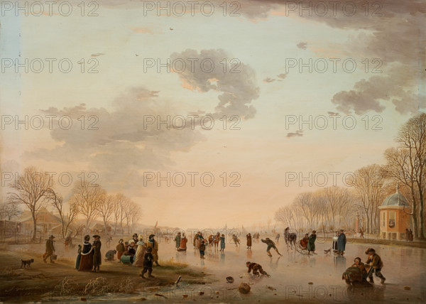 Winter Landscape with Ice Skaters on a River, 1800. Creator: Andries Vermeulen.