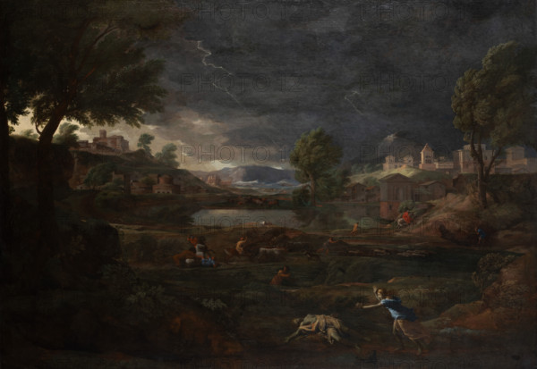 Landscape during a Thunderstorm with Pyramus and Thisbe, 1651. Creator: Nicolas Poussin.