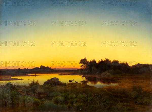 Landscape with Deer at Sunset, 1847. Creator: Anton Zwengauer.