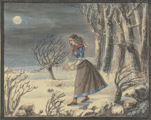 The poet Anna Louise Karsch in a winter landscape by full moon, mid-late 19th century. Creator: Caroline Pierson.