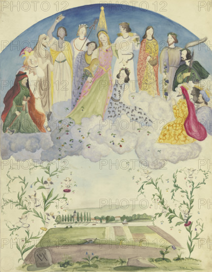 Flora scattering and spilling flowers across a landscape, surrounded by Dionysian..., 1844. Creator: Victor Muller.