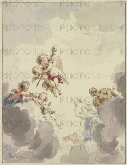 Cupids with a thyrsus and Bacchantes in clouds, 1740. Creator: Jacob de Wit.