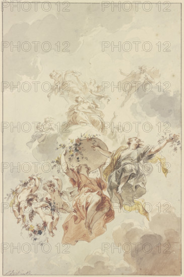 Genii and cupids grouped around a basket of flowers ascending towards heaven, 1725. Creator: Jacob de Wit.