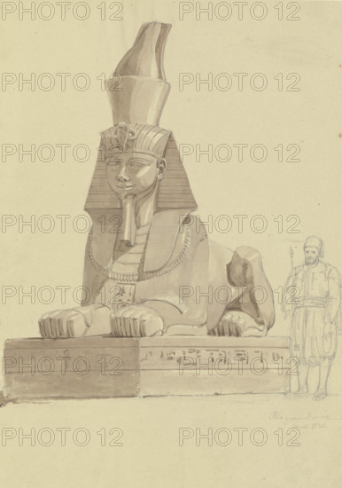 Agyptische Sphinx in Alexandria, daneben ein Ägypter in traditioneller Tracht, 1830. Creator: Friedrich Maximilian Hessemer.