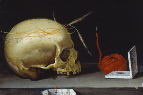 Vanitas  with Skull, Wax Taper and Portable Sundial, 1620-1640. Creator: German Master.