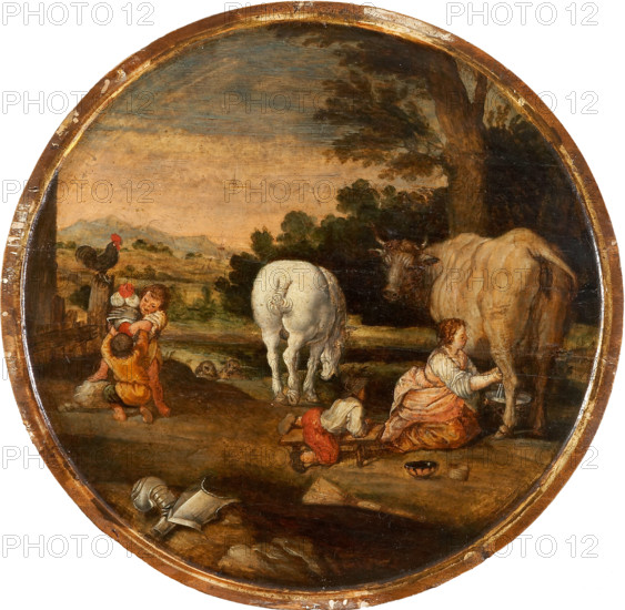 Country Scene with Milkmaid and Children Playing with Armour: March and April, c1620-1630. Creator: Dutch Master.
