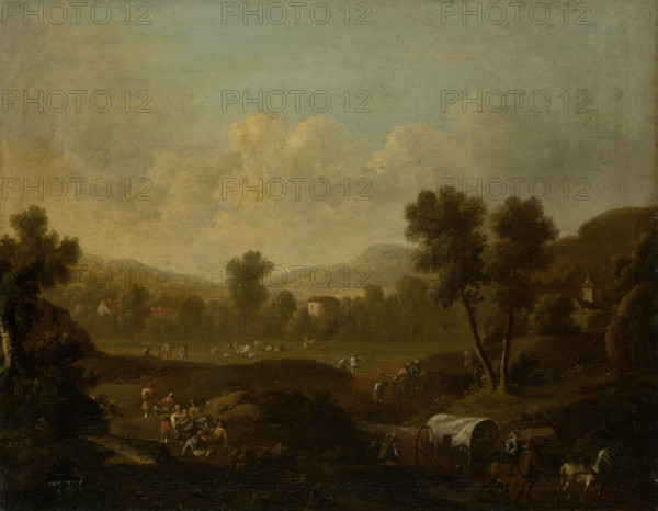 Mountainous Landscape with Figures Resting and Covered Wagon, 1700-1800. Creator: Dutch Master.