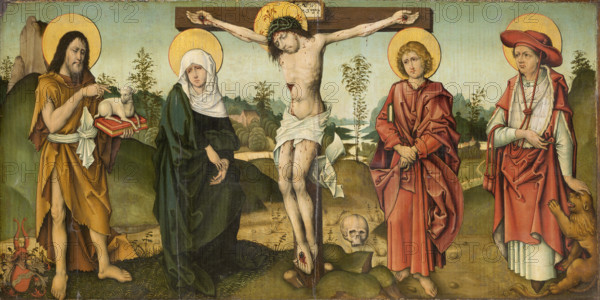 The Crucifixion with St John the Baptist and St Jerome, c1495-1500. Creator: Master of the Breidenbach Epitaph.